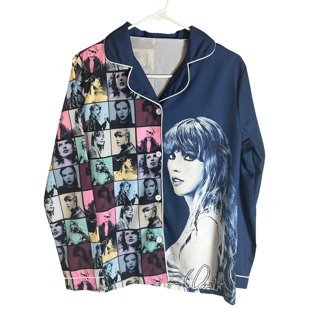 Taylor Swift Eras Tour Pajama Top Women Small Blue Graphic Button Up Shirt